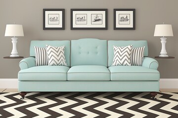 Mock up interior for living room, luxury blue sofa in gray background.