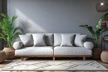 mock up modern interior sofa in living room, empty wall, 3D render.