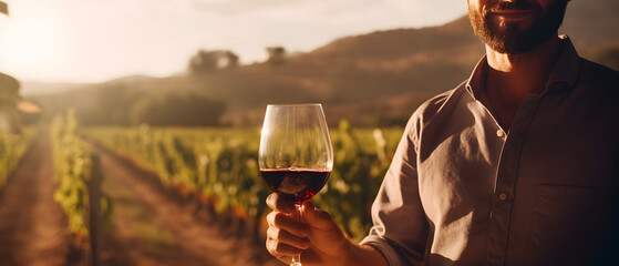 Mann mit einem Glas Wein steht vor Weinbau bei Sonnenuntergang - obrazy, fototapety, plakaty