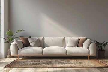 mock up modern interior sofa in living room, empty wall, 3D render.
