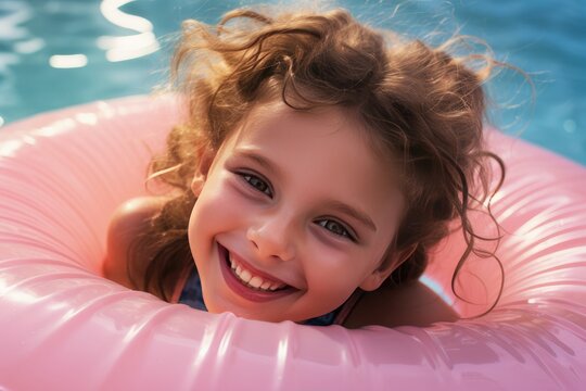 Close up photography of a happy Caucasian girl with a swim pink ring. A girl with a pool float in a swimming pool.