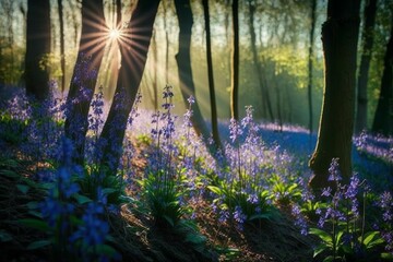 AI generated illustration of a lush, vibrant forest with purple flowers with rays of sunshine