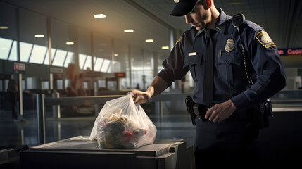 Airport customs officer, pulling large quantity of drugs from passengers suitcase - obrazy, fototapety, plakaty