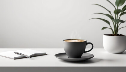 Morning Coffee: Cup filled with steaming coffee rests on a clean white table, casting a subtle shadow. creating a serene morning scene.
