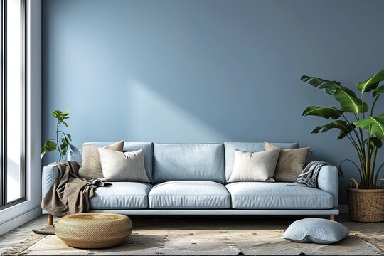 Mock up wall in steel blue modern interior background, living room, Scandinavian style, 3D render