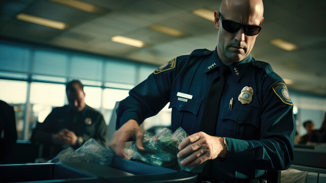 Airport customs officer, pulling large quantity of drugs from passengers suitcase