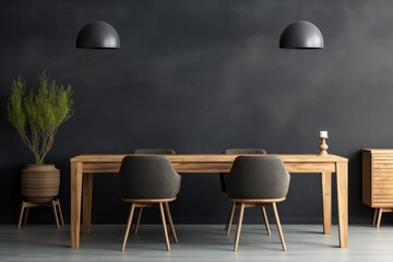 Mock up of a modern minimalist dining room with a dining table set and furniture with a charcoal empty wall. Dark themed interior.