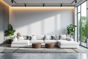 Modern interior with white sofa panorama 3d render.