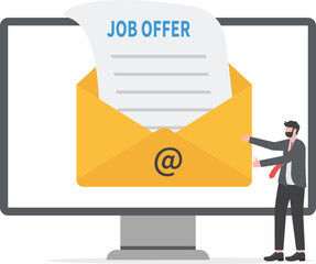 Job offer or job opportunity to be promoted or new position for higher salary, employment and recruitment, human resources concept, businessman candidate thinking to accept job offer email envelope.
