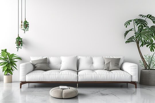 Modern interior with white sofa panorama 3d render.