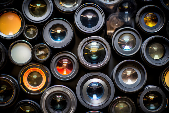 Vertical view of camera lenses intertwining to form a captivating visual composition. Ideal for conveying a sense of modernity, innovation, and precision in the multimedia and design industries