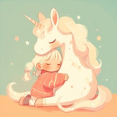 a child hugs a unicorn on a plain background.
Usage concept: mythical imaginary friend