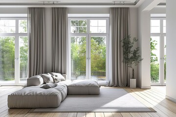 Modern living room interior with beautiful curtains on window.