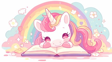 
A rainbow unicorn sits on a cloud above books, against a blue sky with a rainbow.
Concept of use: mythical animal from children's books and imagination, illustration of activities and festivals for k