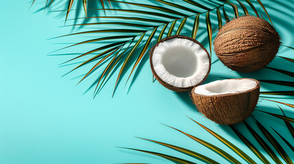 Fototapeta na wymiar Cracked Open Coconuts, Fresh and Healthy Tropical Fruit Concept, Summery Food and Nutrition
