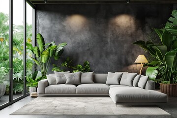 Modern living room interior with sofa and green plants,lamp,table on living .3d renderin.