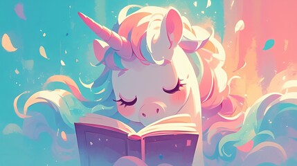 Cute unicorn sitting and reading a book in a magical atmosphere
Concept of use: mythical animal from children's books and imagination, illustration of activities and festivals for kids