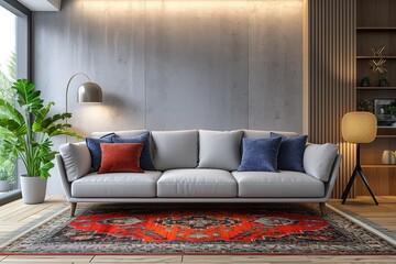 Modern living room interior with stylish sofa and carpet.