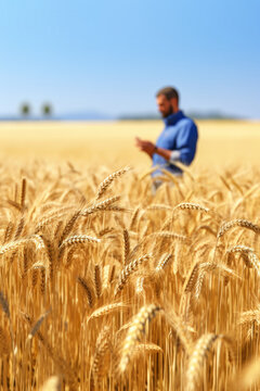 Modern farming - male farmer standing in a cornfield while typing on his mobile phone