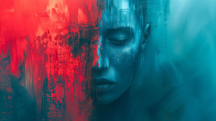 The face of guilt and shame - Abstract surreal artistic concept of the heavy burden on the mental health from its consequences - Intense crimson red contrasting the chilling cold turquoise blue - obrazy, fototapety, plakaty