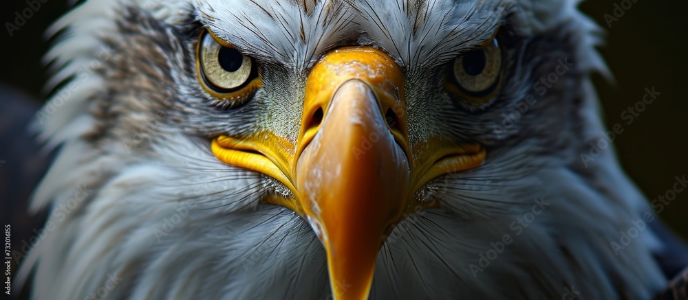 Poster A close-up of a bald eagle, a bird of prey from the Accipitridae family, with a yellow beak and intense gaze.