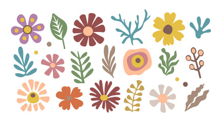 Fototapeta na wymiar Set of hand drawn floral design elements, abstract shapes, leaves, corals. Contemporary modern vector botanical art illustrations in trendy Peach Fuzz color palette isolated on white background.