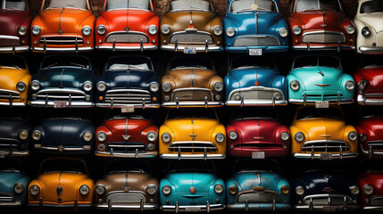 Car pattern background. Old 1960s car shapes of various bright colours, make up a patterned background to illustrate old design and transport concepts - obrazy, fototapety, plakaty