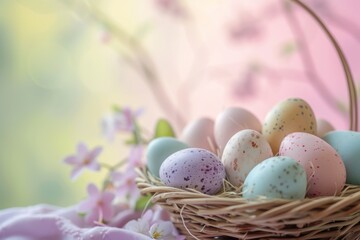 Naklejka na ściany i meble Pastel-colored Easter eggs in a basket with delicate flowers on a soft-focus background. Place for text