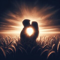 Romantic couple in love kissing at sunset in a wheat field. Digital illustration. Generative AI