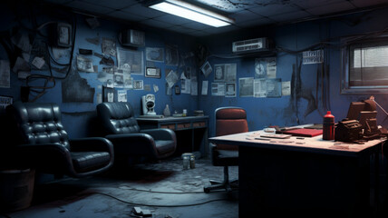 Moody interior of a detective's workplace, revealing the intensity of criminal investigation, with a focus on atmospheric lighting and confidential proceedings