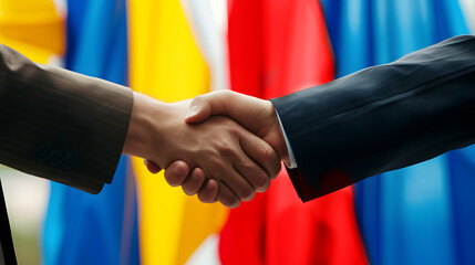 handshake on the background of the flag of Russia and Ukraine