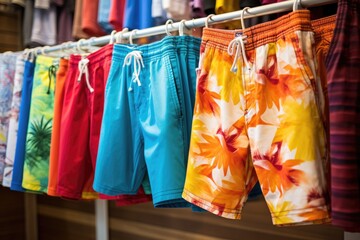 Colorful Summer swimming trunks on hangers in a shop. Swimsuit. Swimming costume. Clothes. Shop. Men.
