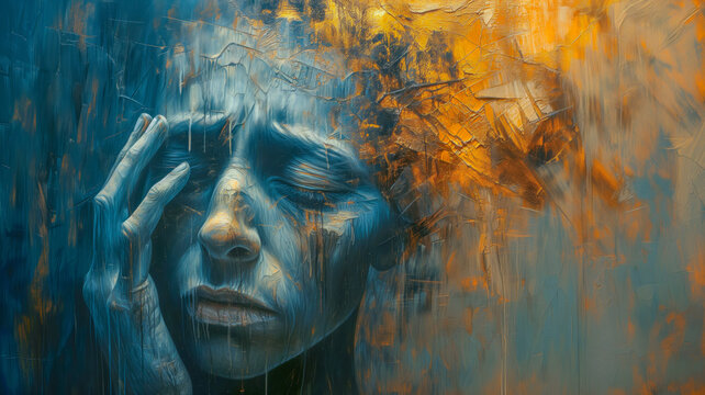 Abstract artistic representation of mental breakdown and depression - Woman placing the palm of her hand in her face in a sign of deep emotional distress - Mental health awareness 