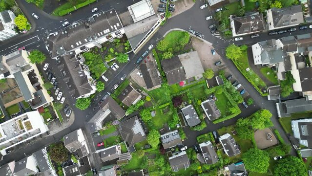 Aerial view over residential buildings in a neighborhood