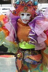 Female in a luxurious costume wearing colorful clothes and a decorative mask