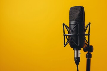 A studio condenser microphone against a yellow background, a design for standard horizontal web...
