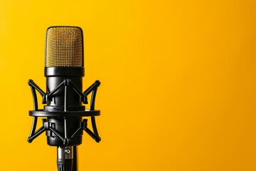 A studio condenser microphone against a yellow background, a design for standard horizontal web banners with space for text