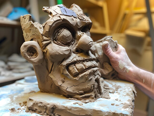 Artistic Clay Sculpture Work-in-Progress, Textured Human Face with Stylized Features - Concept of Creativity, Traditional Craftsmanship and Artistic Expression