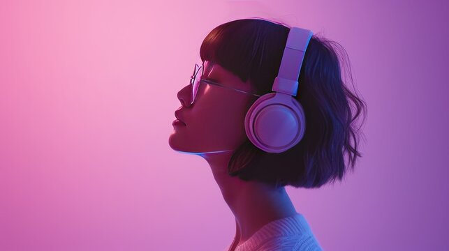 Happy igen teen hipster pretty fashion girl model wear stylish glasses headphones enjoy listen new cool music mix stand at purple studio background in trendy 80s 90s club party light, profile view