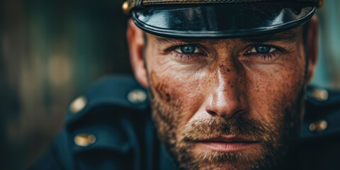 Close-up of a determined police officer in uniform, portraying vigilance and dedication to justice. Serious expression, a symbol of law and order.