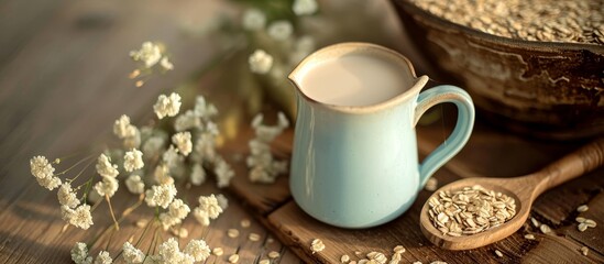 Fototapeta premium A pitcher of milk and a bowl of oats are placed on a wooden table along with some food and tableware items.