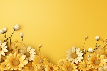 Obraz premium Holiday banner with flowers. Spring flowers on color background with copy space. Greeting card for Valentine's Day, Woman's Day and Mother's Day holidays. Flat lay, banner size