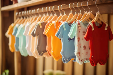 Colorful baby bodysuits on hangers in a shop. Collection of baby and toddler clothes. Kids clothing. Baby clothes. Childrens’ boutique. Clothes store.