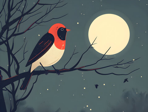 Serene Bullfinch Illustration Perched on Branch in Moonlit Night - Calming Nature Scene with Stylized Bird Against Full Moon, Concept of Tranquility and Nighttime Beauty