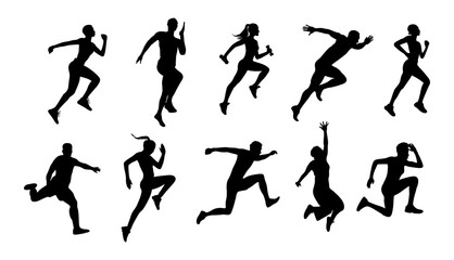 Silhouettes of Male and female athletes running. Healthy active lifestyle. Maraphon, Sprint, jogging, warming up. Sport, fitness design, flat style vector illustrations isolated on white background.
