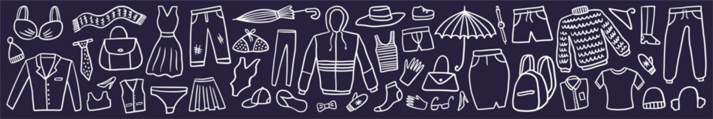Vector horizontal collection of clothes hand-drawn in doodle style