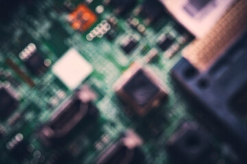 Electronic board with microchips in closeup.