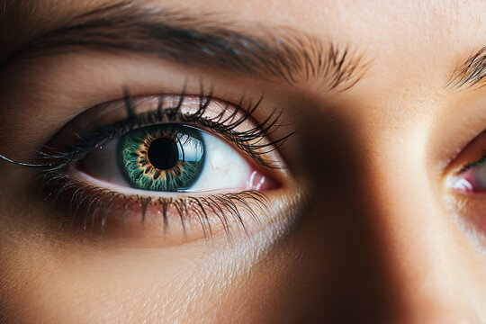 Close up eye of beautiful young woman. Tired eyes and contact lenses. Close up. Macro image of human eye