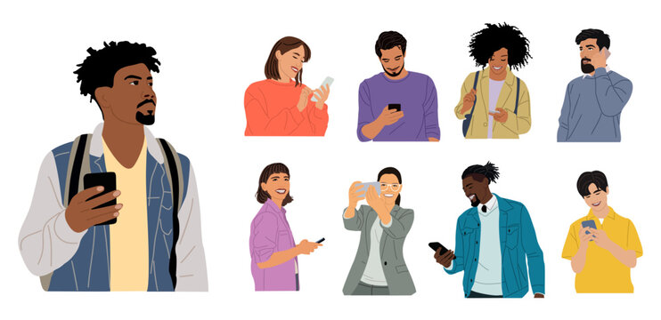 People holding, using mobile phones set. Different Characters with smartphones in hands. Young Men, women surfing internet, chatting. Flat colorful vector illustrations isolated on white background