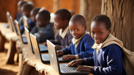African school children using laptops - obrazy, fototapety, plakaty